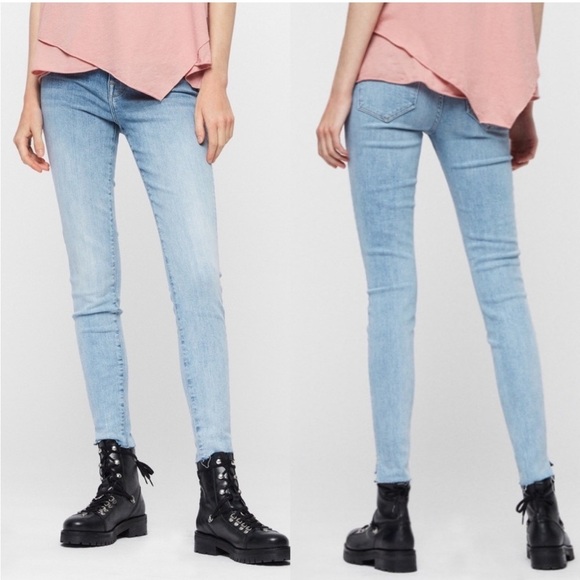 All Saints Roxanne Cropped Jeans Blue Raw Hem Distressed High Waisted Waist 28 - Picture 15 of 15